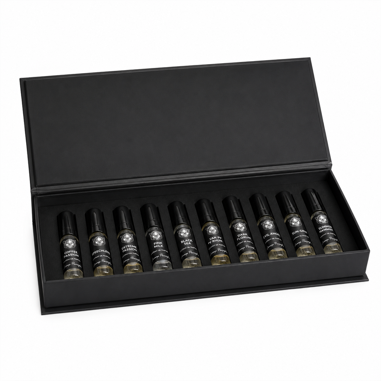 Discovery Kit Lorenzo Pazzaglia 10x2 ml con campioni di Coffee Passion, Speechless, Extreme Passion, Pink Milk, Black Sea, Van Py Rhum, Dark Florum, Evil Angel, Sun-gria e Summer Hammer – profumi di nicchia Mirò Fabriano